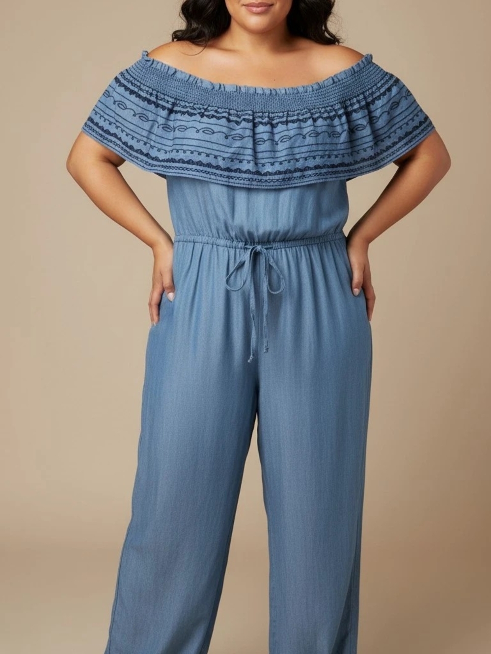 Crown & Ivy Off-Shoulder Blue Wide-Leg Jumpsuit